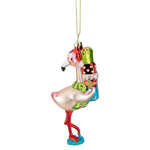 5.5 in. Pink Flamingo with Presents Glass Christmas Ornament