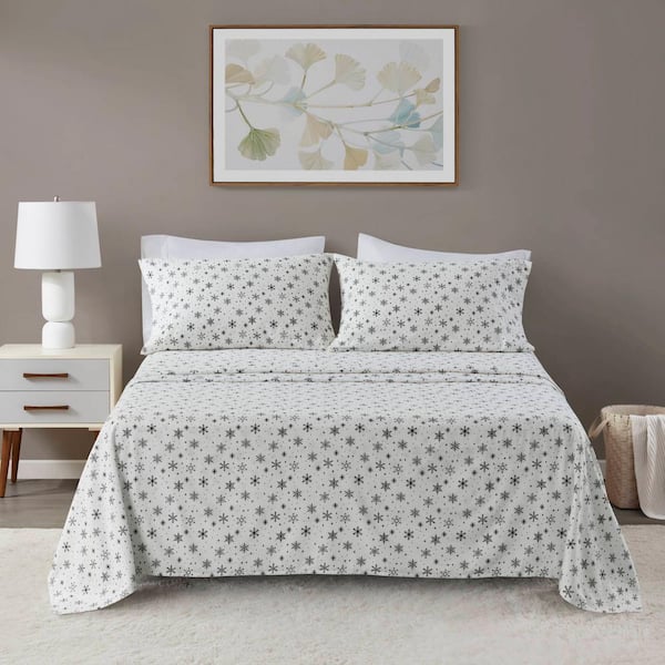 Beautyrest Oversized Cotton Flannel 4-Piece Black Snowflakes Cotton California King Sheet Set