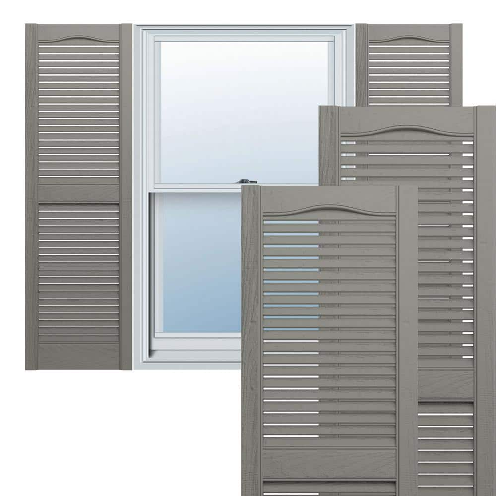 Ekena Millwork 14-1/2 in. x 25 in. Lifetime Vinyl Standard Cathedral Top Center Mullion Open Louvered Shutters Pair Clay