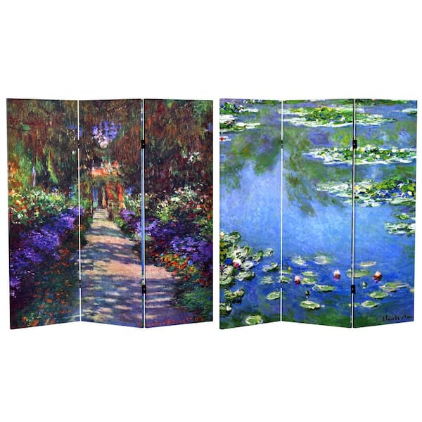 RED LANTERN 4 ft. Short Works of Monet Canvas 3-Panel Folding Screen