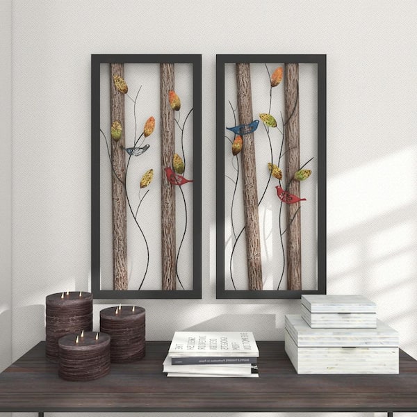 Deco 79 Metal Bird Wall Decor with Real Wood Detailing, Set of 2 16W,  36H, Black
