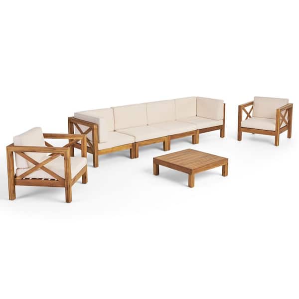 Noble House Brava Teak Brown 7-Piece Wood Outdoor Patio Conversation Sectional Seating Set with Beige Cushions