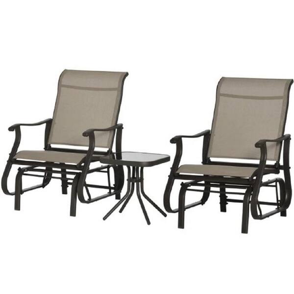 3-Piece Gray Metal Outdoor Bistroor Set, Gliding Chairs Set with Tempered Glass Top Table