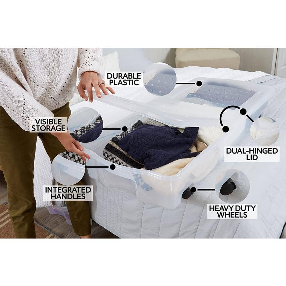 Clear Plastic Under-Bed Storage Boxes with Wheels, 68 qt, 2-Pack