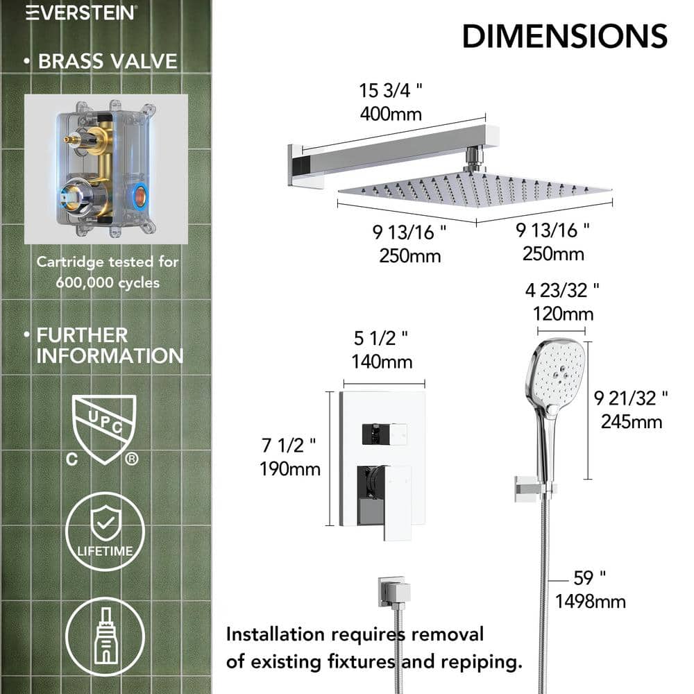 Chrome Square Wall Mounted Dual Shower System with Handheld