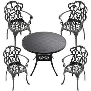 5-Piece Black Cast Aluminum Outdoor Dining Set, Patio Furniture with 39.37 in. Round Table and Random Color Cushions