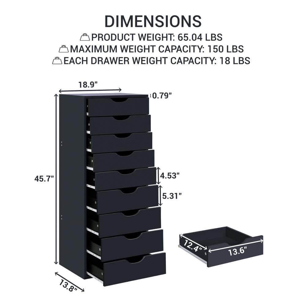 Black Mobile 9-Drawer Water Resistant Office Storage Cabinet