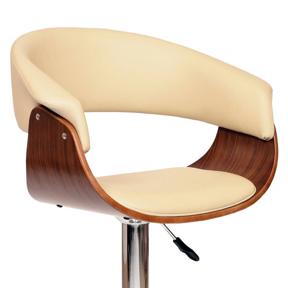 Cream Faux Leather Adjustable Swivel Barstool with Walnut Wood