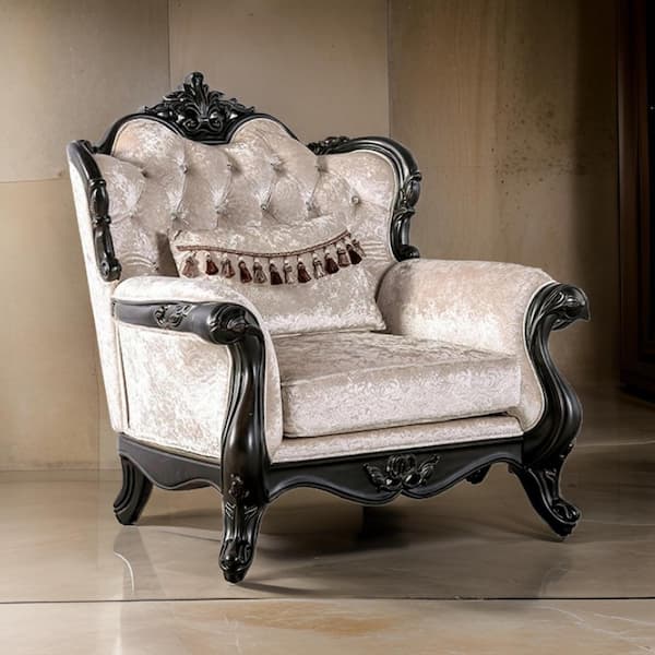 Benjara Paulo Black and Off-White Fabric Side Chair with Crown Molding