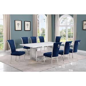 Lisa 9-Piece Rectangle White Marble Top Stainless Steel Base Dining Set With 8-Navy Blue Velvet Iron Leg Chairs