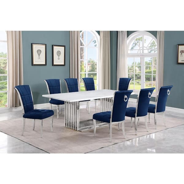Best Quality Furniture Lisa 9-Piece Rectangle White Marble Top Stainless Steel Base Dining Set With 8-Navy Blue Velvet Iron Leg Chairs
