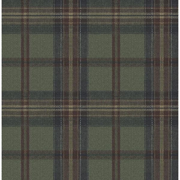 30.75 sq. ft. Adobe & Antique Green Herringbone Plaid Premium Matte Non-Woven Paper Peel and Stick Wallpaper Roll