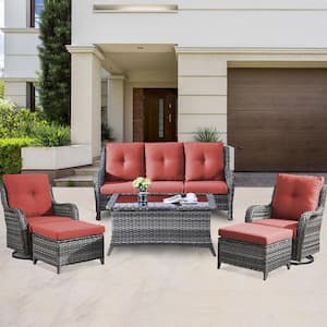 Carolina 6-Piece Gray Wicker Patio Conversation Set with Red Cushions