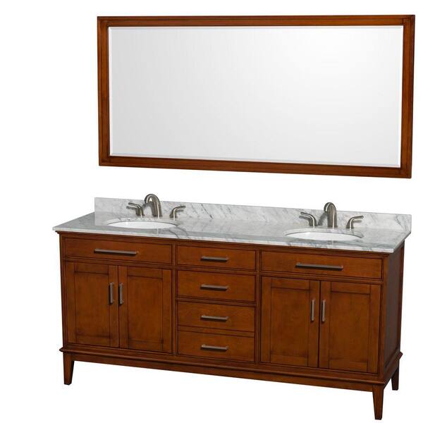 Wyndham Collection Hatton 72 in. Vanity in Light Chestnut with Marble Vanity Top in Carrara White, Sink and 70 in. Mirror