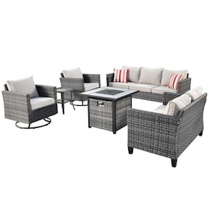 Jupiter 6-Piece Wicker Outdoor Patio Fire Pit Seating Sofa Set and with Beige Cushions and Swivel Rocking