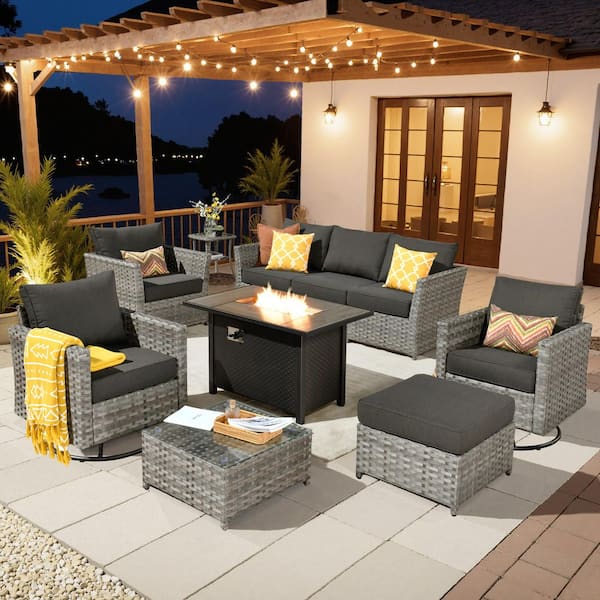 XIZZI Boreas 10-Piece Wicker Patio Rectangular Fire Pit Set with Black Cushions and Swivel Rocking Chairs