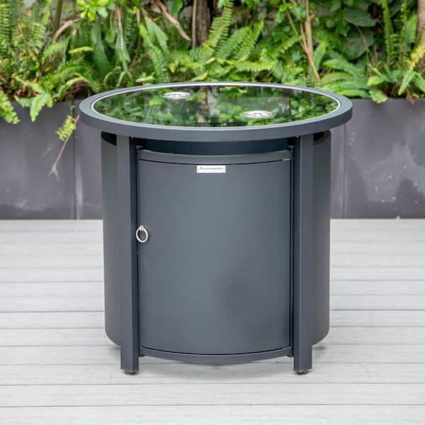 Leisuremod Walbrooke Black Modern Round Tank Holder Table with Tempered Glass Top and Powder Coated Aluminum for Patio