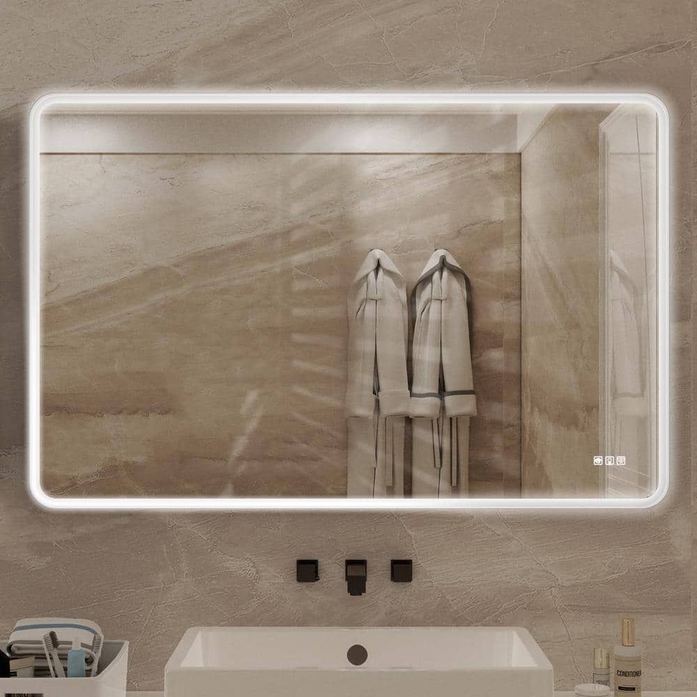55 in. W x 36 in. H Rectangle White Iron Framed Wall Mirror, Dimmable Anti-