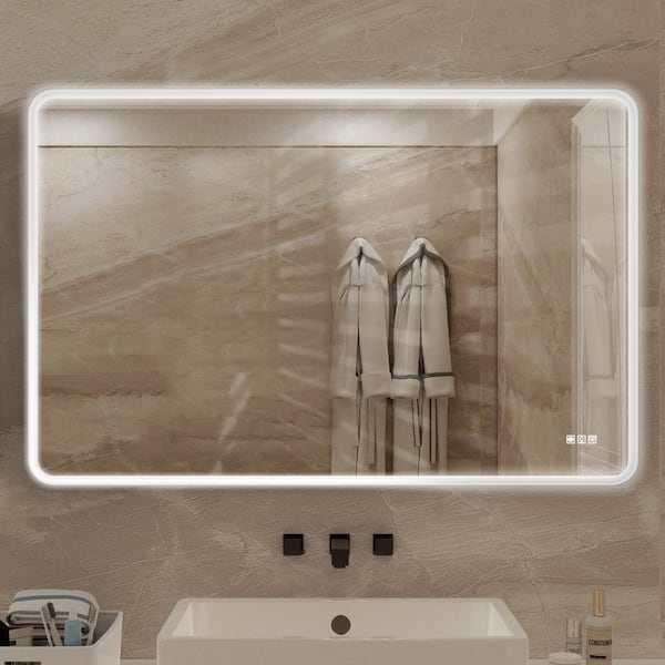 Unbranded 55 in. W x 36 in. H Rectangle White Iron Framed Wall Mirror, Dimmable Anti-Fod LED Lighted Wall Bathroom Vanity Mirror
