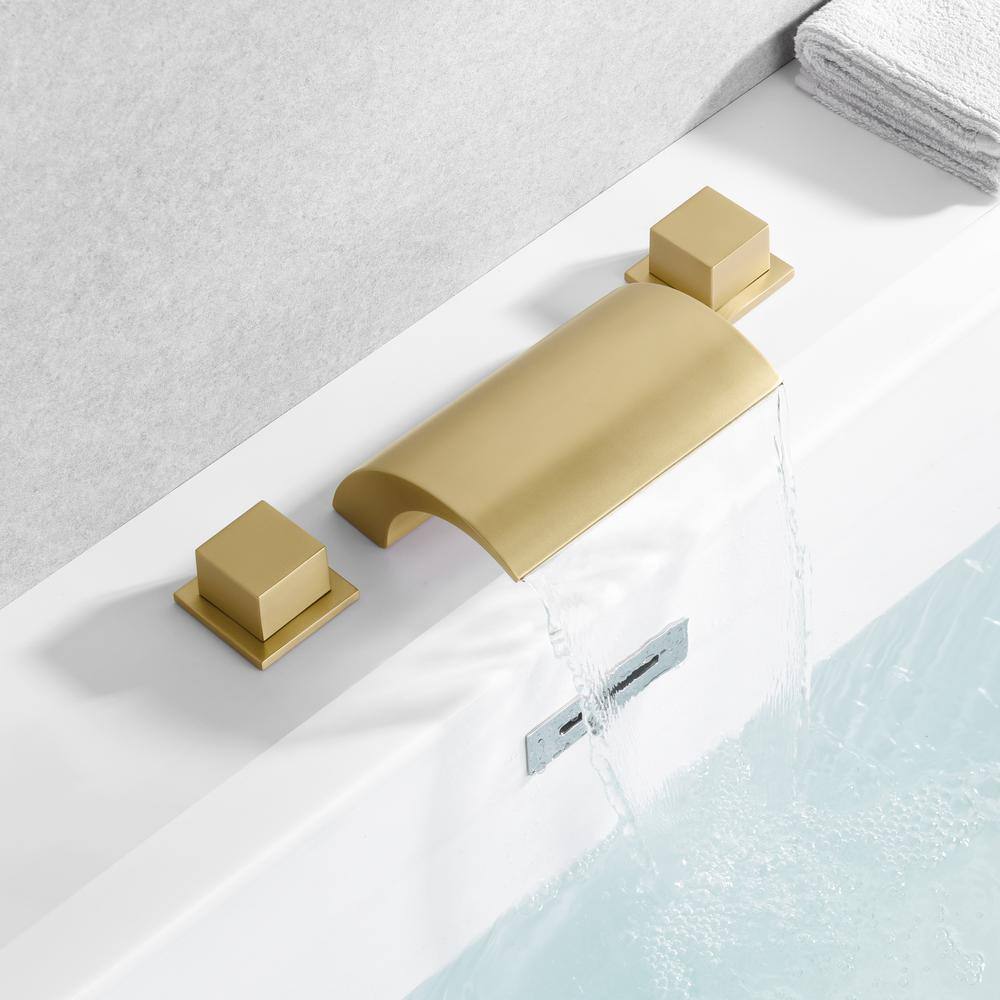 Brushed Gold Waterfall Spout Double Handle Roman Tub Faucet