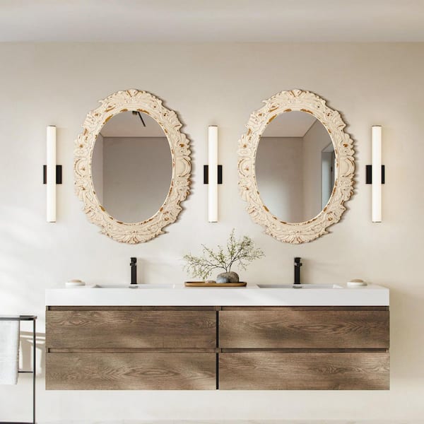 26 in. W x 34 in. H Antiqued White Baroque Oval Framed Wall Bathroom Vanity Mirror
