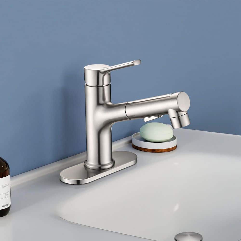6.69 in. H Single Handle Single Hole Bathroom Faucet with Pull Out Sprayer and Pop-up Drain in Brushed Nickel price history on PriceWatchPro