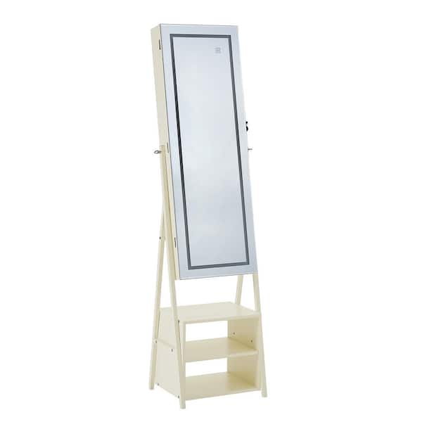 VECELO 63 in. LED Jewelry Cabinet with Mirror, 1-Piece White Makeup Vanity Set Lockable Armoire Organizer, 3-In-1 USB-Powered
