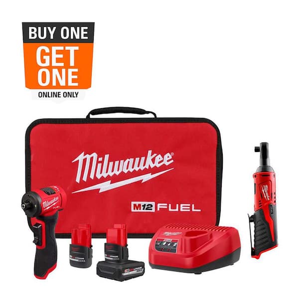 M12 FUEL 12V Lithium-Ion Brushless Cordless 1/4 in. Right Angle Die Grinder with M12 Cordless 3/8 in. Ratchet