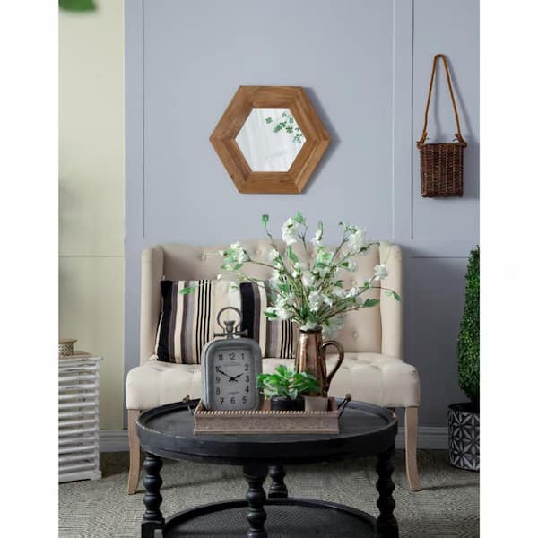 Natural 18.5 in W x 18.5 in H Modern Hexagon Teak Wood Framed Mirror