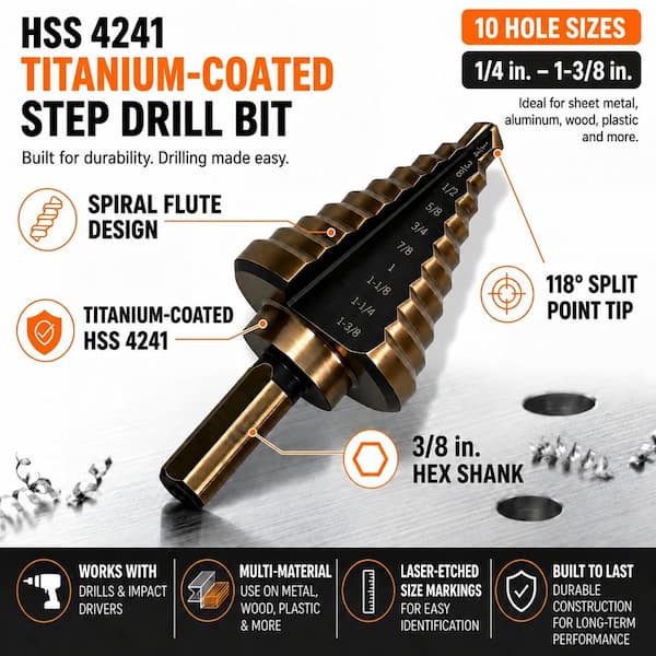 1/4 in. - 1-3/8 in. Titanium-Plated High Speed Steel Step Drill Bit (10-Steps) with Case