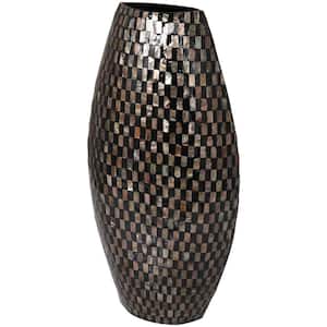 24 in. Black Handmade Geometric Mosaic Inspired Thin Mother of Pearl Shell Decorative Vase