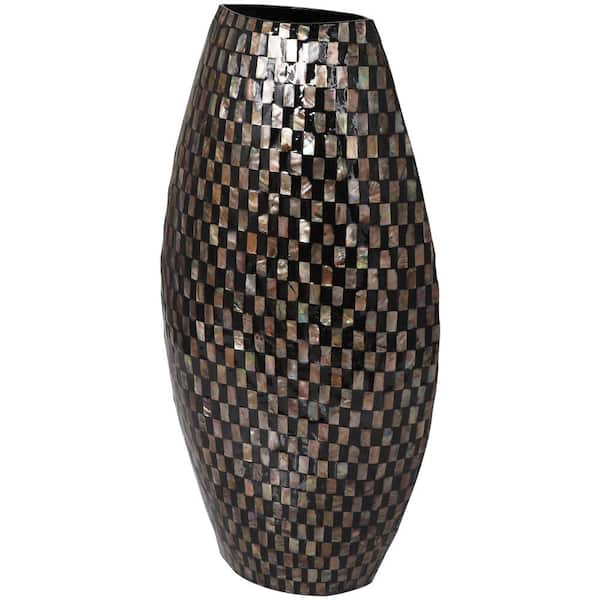 Litton Lane 24 in. Black Handmade Geometric Mosaic Inspired Thin Mother of Pearl Shell Decorative Vase