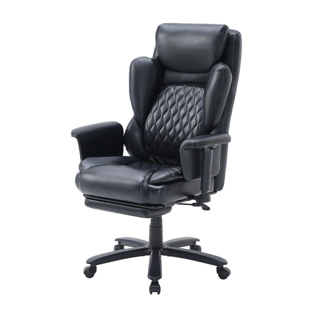 Faux Leather High-Back Ergonomic Office Chair in Black with Adjustable Padded Arms Swivel Chair with Headrest & Footrest - Thumbnail 3