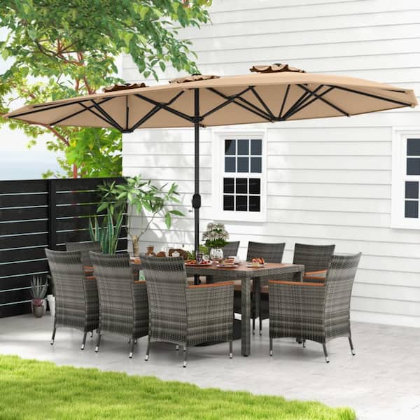 Clihome 10-Piece Wicker PE Rattan Patio Conversation Dining Set with 71 in. Table, Beige Cushions, 15 ft. Umbrella and Base