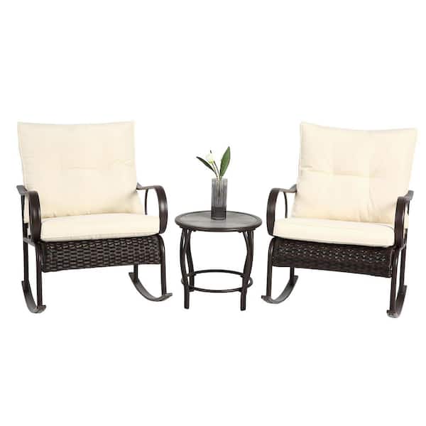 Tenleaf 3-Piece Wicker Patio Conversation Set Sofa Set Rocking Chair Set with Table and Beige Cushions
