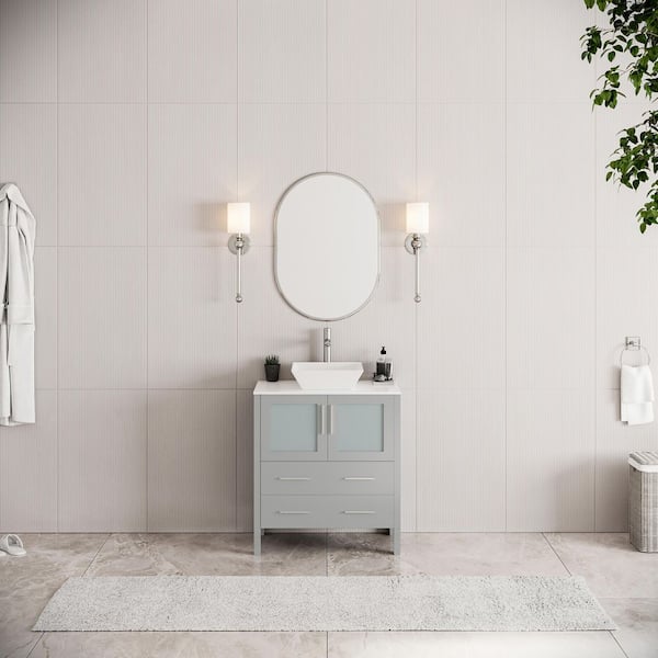 Torino 30 in. Bath Vanity in Gray with Glass Stone Vanity Top in White with White Vessel Sink
