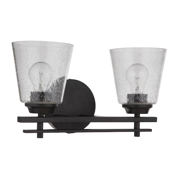 CRAFTMADE Drake 15.5 in. 2-Light Flat Black Finish Vanity Light with Seeded Glass