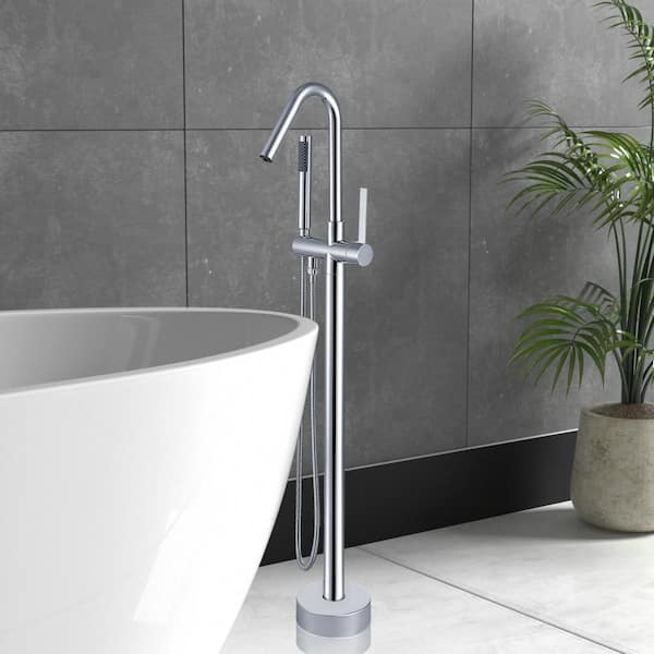 Single-Handle High Arch Floor Mount Freestanding Tub Faucet Bathtub Filler with Hand Shower in Chrome