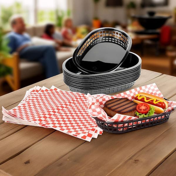 12-Piece Black Fast Food Baskets and 120 Sheets 12 in. Red Deli Liners for Hamburgers, Fried Chicken and French Fries