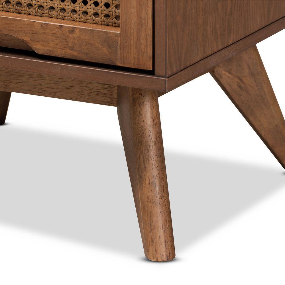 Walnut Brown Wood and Synthetic Rattan 2-Drawer Nightstand