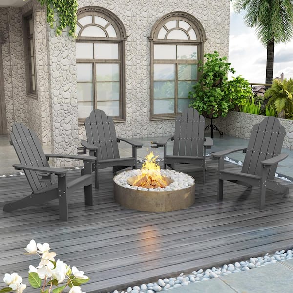 LUE BONA Recycled HIPS Plastic Gray Weather Resistant With Cup Holder Outdoor Adirondack Chairs For Patio and Pool(set of 4)