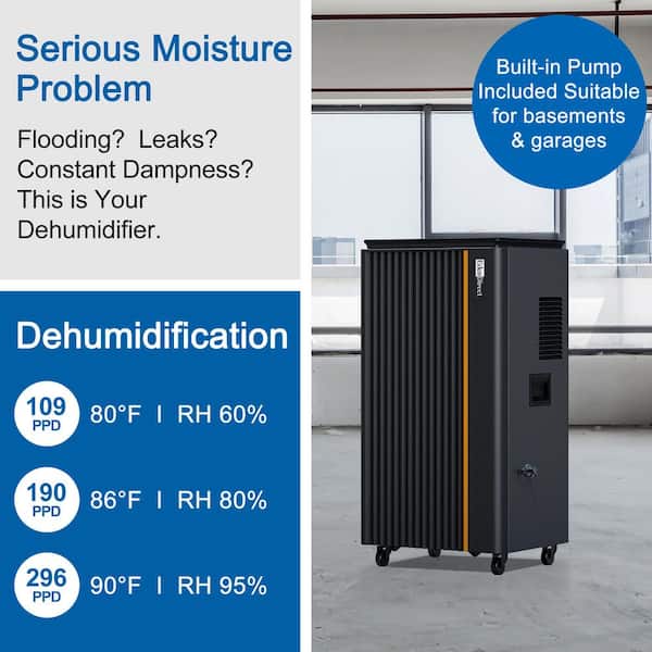 190 pt. 8,500 sq. ft. Bucketless Commercial Dehumidifier in Black, for Basement with Pump, Power Off Memory-Auto Start