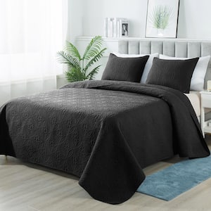 3-Piece Black Modern Microfiber King-Quilt-Set Quilt Set