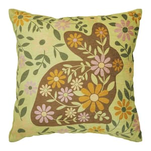 Bunny Hop Pale Green, Light Pink, Honey Orange 12 in. x 12 in. Floral Easter Bunny Pillow