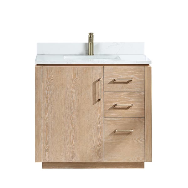 San 36 in.W x 22 in.D x 33.8 in.H Single Sink Bath Vanity in Washed Ash Grey with White Composite Stone Top