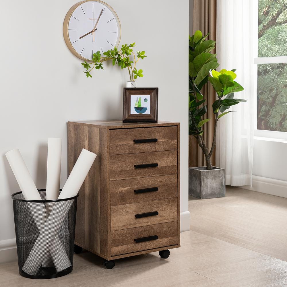 HOMESTOCK 23.03 in. W x 15.75 in H, 5 Drawers Walnut Wood HOMESTOCK 23.03 in. W x 15.75 in H, 5 Drawers Walnut Wood