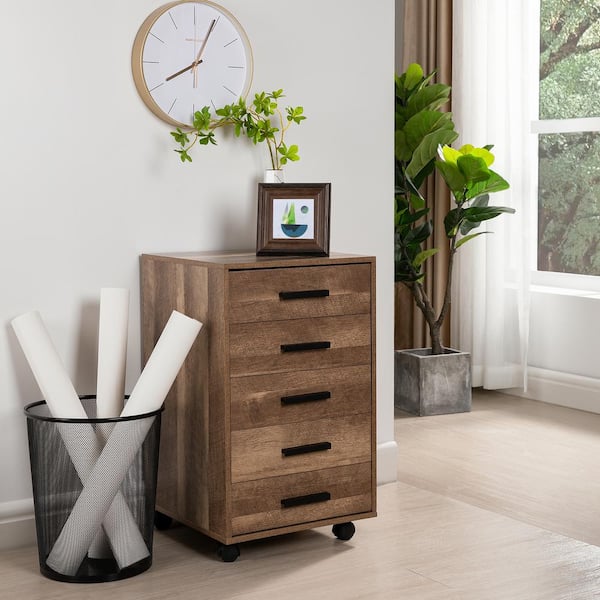 HOMESTOCK 23.03 in. W x 15.75 in H, 5 Drawers Walnut Wood Storage Dresser with Wheels, Storage Office Drawer Unit