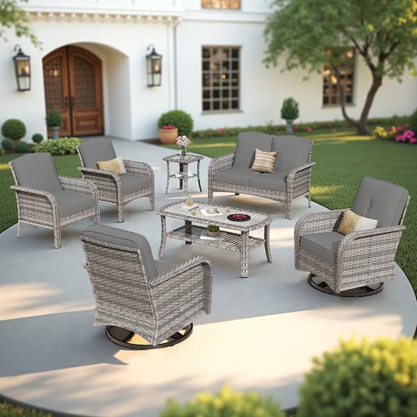 OVIOS Meiss Gray 7-Piece Wicker Patio Conversation Set with Dark Gray ...