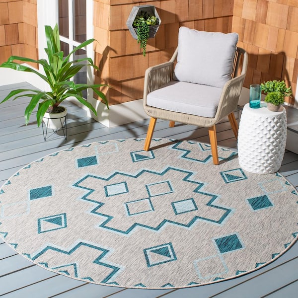Courtyard Gray/Teal 7 ft. x 7 ft. Round Geometric Indoor/Outdoor Patio  Area Rug