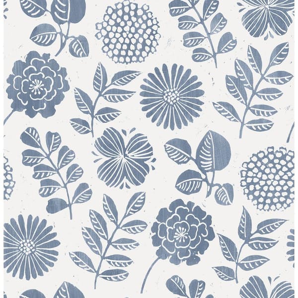A-Street Prints Inge Denim Floral Block Print Paper Glossy Non-Pasted Wallpaper Roll